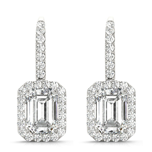 
                    Emerald Halo Dangle Earrings in 14k WG: 0.77 CTW
                  